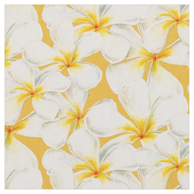 Vit gult guld frangipani vattenfärg tropiska tyg (Närbild)