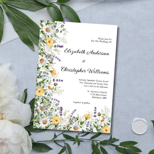 Vit Gult Lavender Blommigt Eucalyptus Bröllop Inbjudningar (Yellow White Lavender Eucalyptus Wildflowers  Wedding Invitation. Printed or Digital Download)