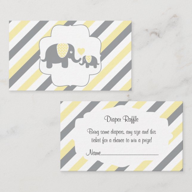 Vit, Gult och Grått Rand Elephants Diaper Raffle Tilläggskort (Fram/baksida)