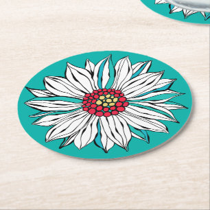 Vit Gult Röd Daisy Blommor Rund Underlägg Papper Rund