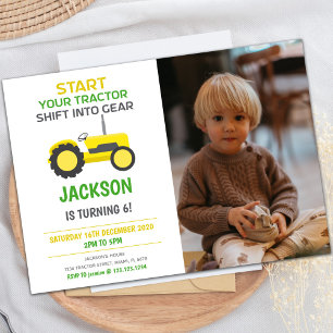 Vit Gult Tractor Birthday-inbjudan med foto Inbjudningar