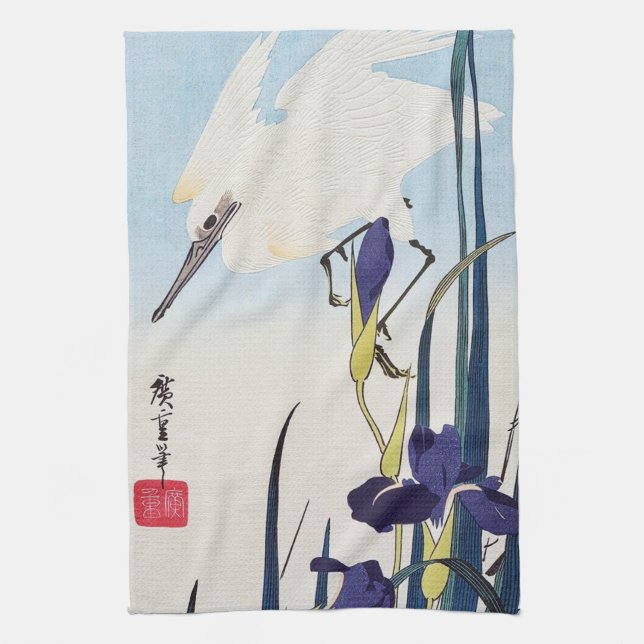 Vit häger och blommande irisar, Hiroshige Kökshandduk (Vertikal)