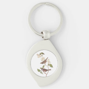 Vit-haltig Sparrow Audubon Bird i Dogwood Swirl Silverfärgad Nyckelring