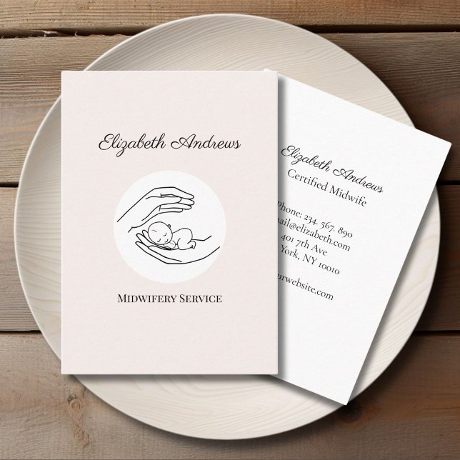  vit-händer som har en baby-simpelmodern visitkort (Hands holding A Baby - Line Art Illustration Blush White Business Card)