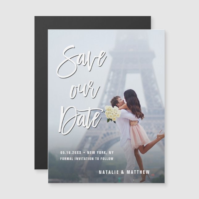 Vit handskriven Spara för vårt datumfoto Magnetisk Inbjudningskort (Fram/baksida)