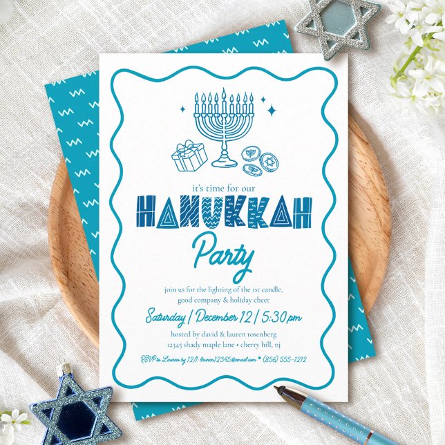 Vit Hanukkah Turkos Typografi Doodle Fest Inbjudningar (Skapare uppladdad)