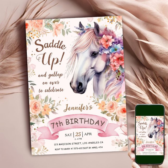 Vit häst 7:e Birthday Blommigt Girl Saddle Up Inbjudningar (Skapare uppladdad)