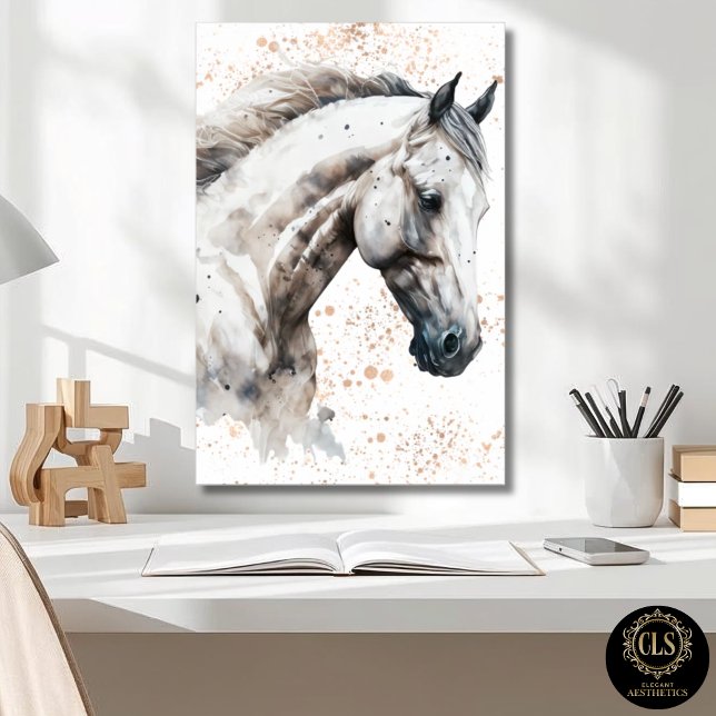 Vit Häst Akvarell Konst Nedladdningsbar Affisch (close up of office desk and White Horse Watercolor Art Downloadable Poster on wall
)