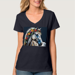 Vit häst blommig med svart bakgrund t shirt