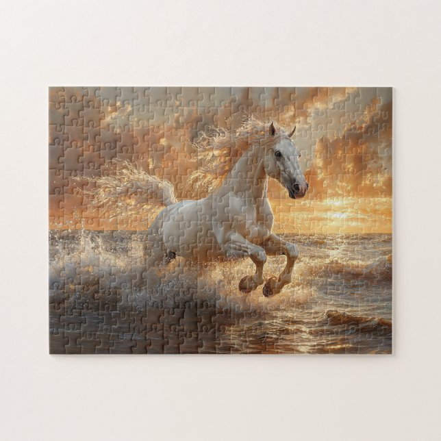 Vit häst Galloping genom Vinkara oceanen Pussel (Horisontell)