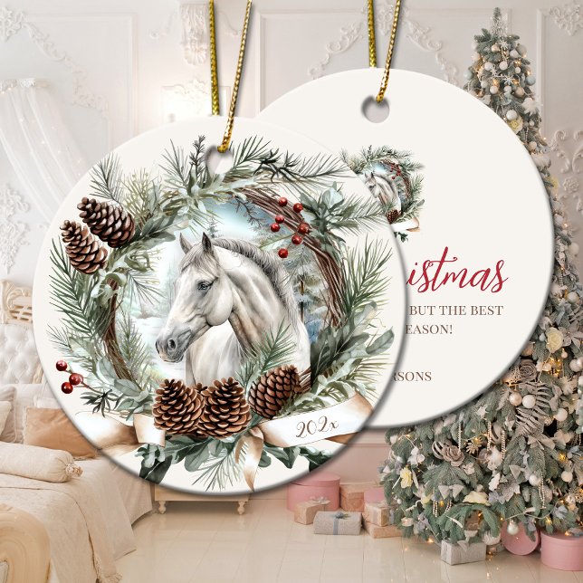 Vit häst grått-häst, julklapp, pinekon, andedräkt julgransprydnad keramik (White horse grey horse Christmas pinecone wreath Ceramic Ornament)