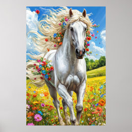 Vit häst i blommande ängslandskap Dekor 🎁