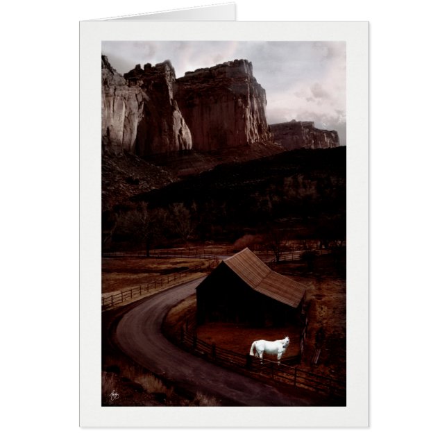 Vit häst i en målad Canyon Hälsningskort (Framsidan)