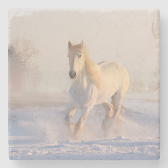 vit häst i snö stenunderlägg (Framsidan)