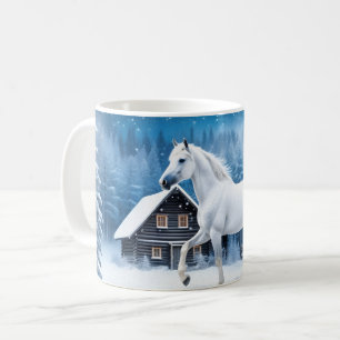 Vit häst i vinterskog kaffemugg