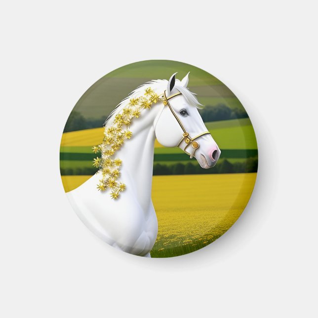 Vit häst med blomsterkrans magnet (Framsidan)