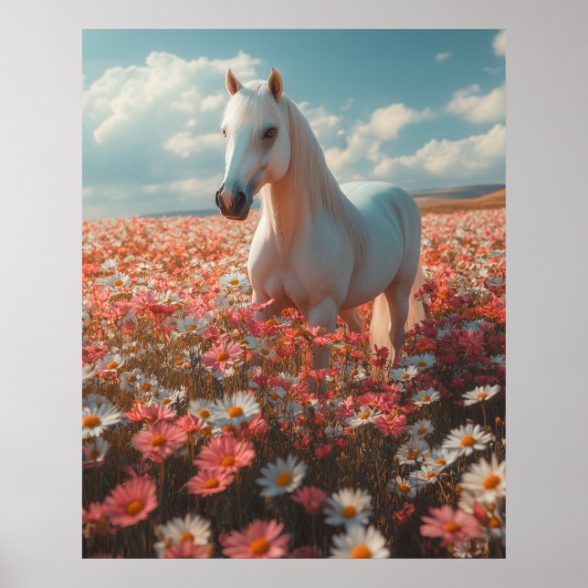 Vit häst mitt i blommande äng poster (Framsidan)
