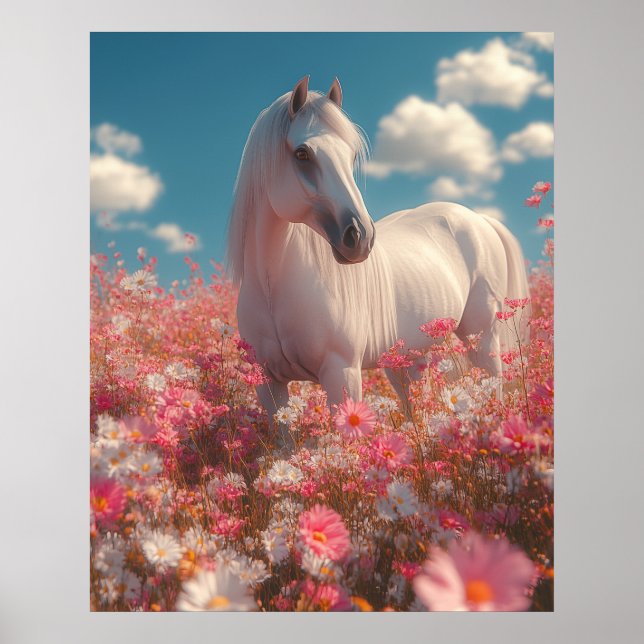 Vit häst på ett blommande fält poster (Framsidan)