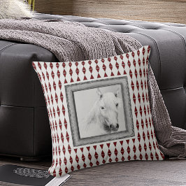 Vit Häst Porträtt Burgundy Harlequin Konst Kudde