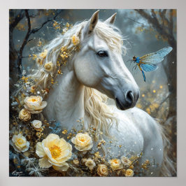 🐎 Vit häst Trollslända Och Vita Rosor Dröm Poster