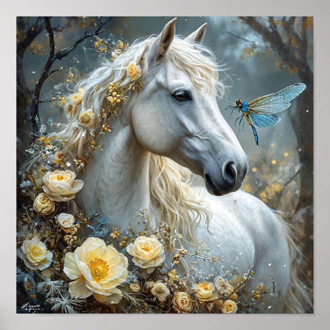 🐎 Vit häst Trollslända Och Vita Rosor Dröm Poster (Framsidan)