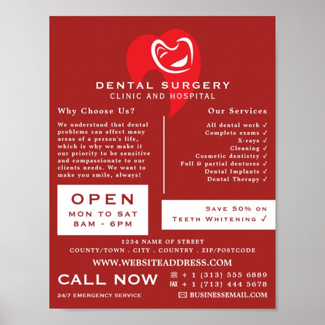 Vit Hearted Toth Logotyp Tandvård, Dentist Advert Poster (Framsidan)