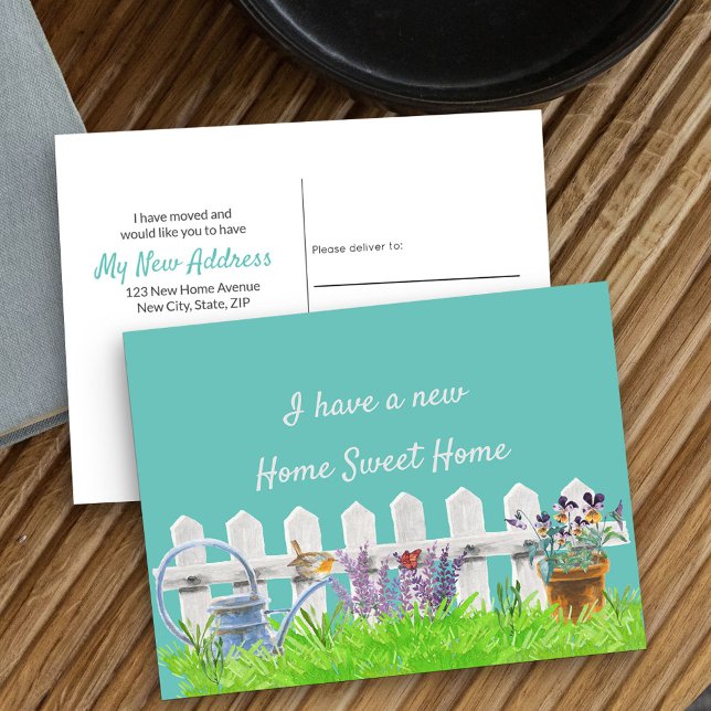 Vit hemplocksfack för hemmet Min Nya adress Meddelande Vykort (New Address postcard with idyllic cottage garden scene)