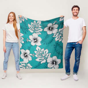 Vit Hibiscus Blommönster på Aqua Turquise Fleecefilt