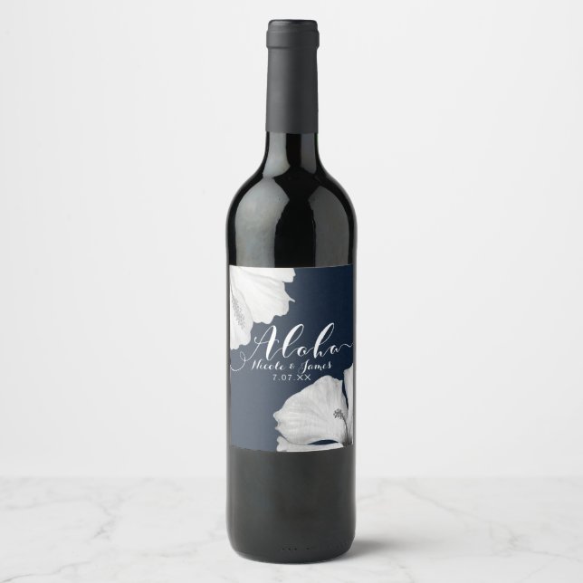 Vit Hibiskus Blå Tropisk Bröllop Aloha Vin Vinflaska Etikett (Framsida)