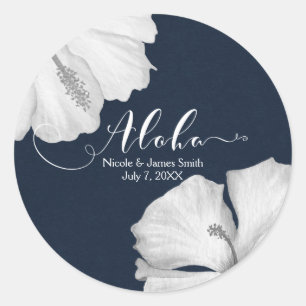 Vit Hibiskus Blå Tropisk Bröllopspresent Aloha Runt Klistermärke