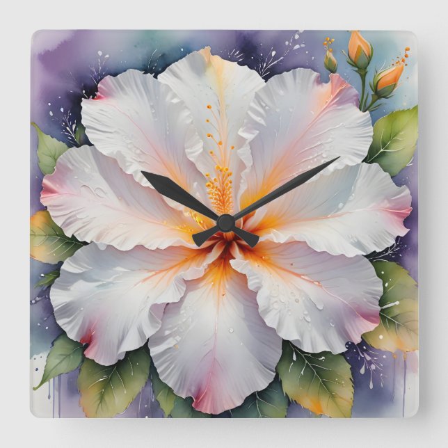 vit hibiskus blomklocka fyrkantig klocka (Framsida)