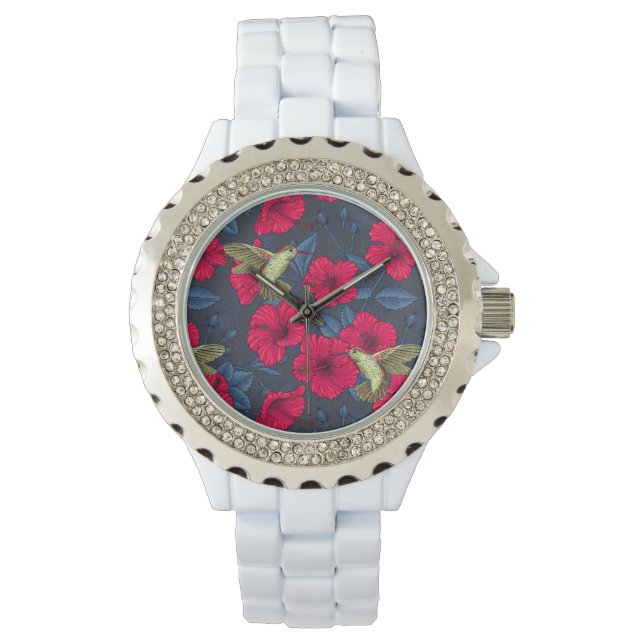 Vit Hibiskus Tropiskt Blommönster Armbandsur (Framsida)