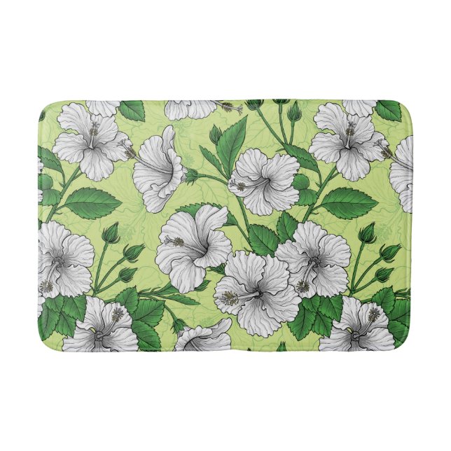 Vit Hibiskus Tropiskt Blommönster Badrumsmatta (Framsidan)