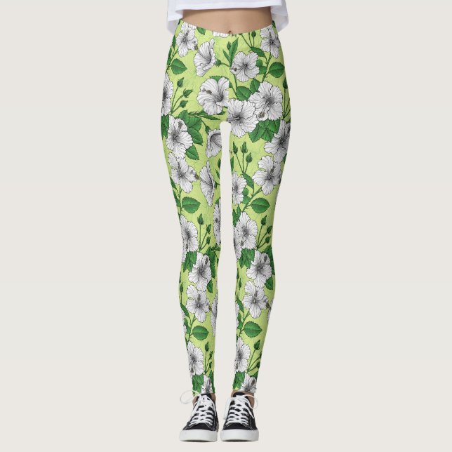 Vit Hibiskus Tropiskt Blommönster Leggings (Framsida)