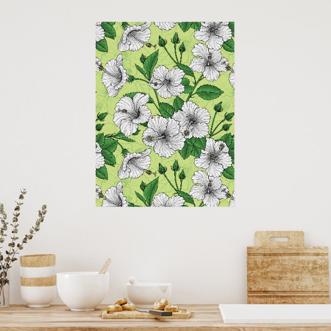 Vit Hibiskus Tropiskt Blommönster Poster (Kök)