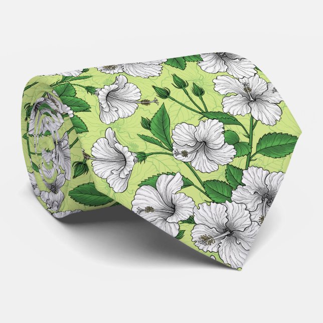 Vit Hibiskus Tropiskt Blommönster Slips (Rullad)