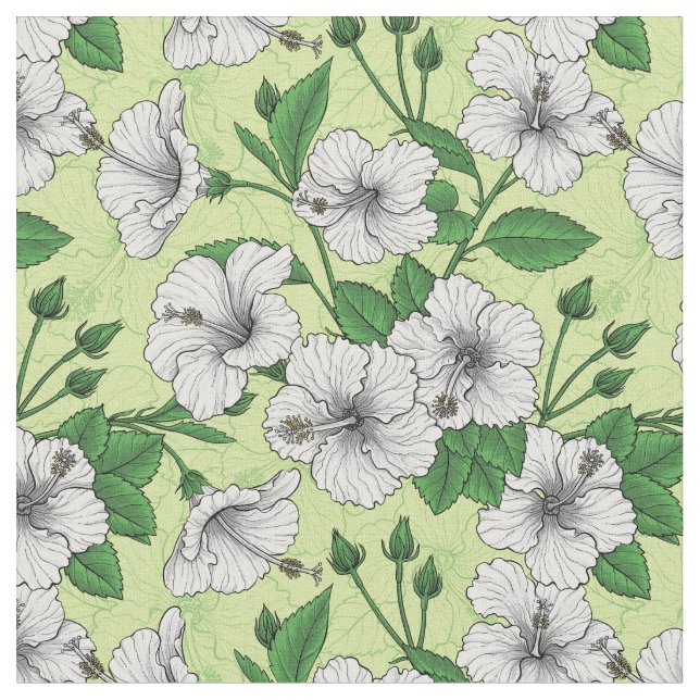 Vit Hibiskus Tropiskt Blommönster Tyg (Närbild)