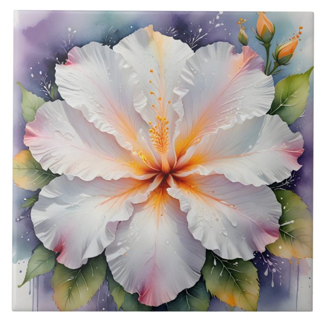 vit hibiskusblomma kakelplatta (Framsidan)