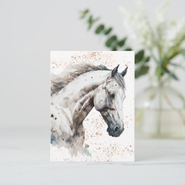 Vit hingst | Akvarelldesign | vykort (Stående Fram)