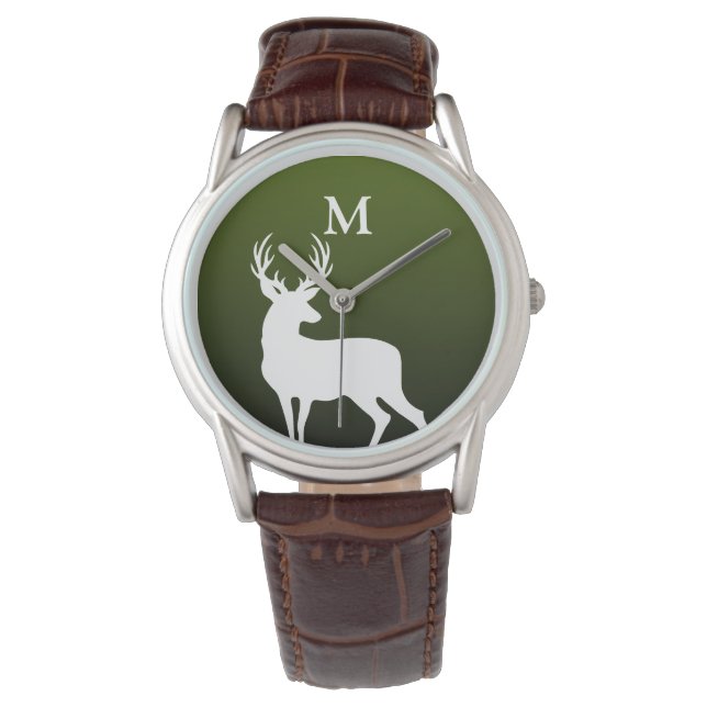 Vit Hjort Silhouette Monogram Grönt Manar Watch Armbandsur (Framsida)