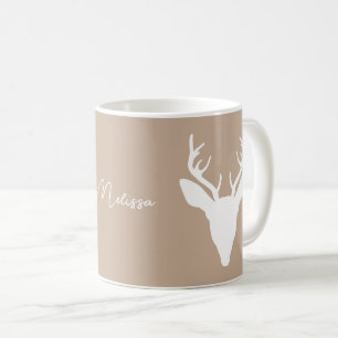 Vit Hjort Silhouette på Beige och anpassat namn Kaffemugg