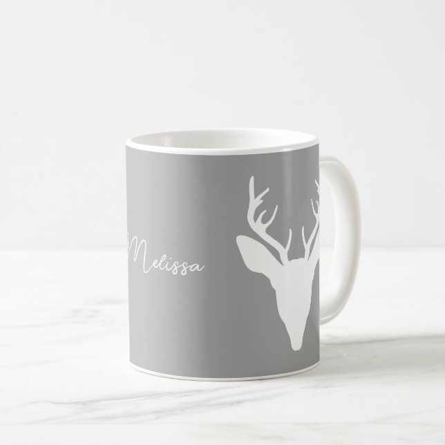 Vit Hjort Silhouette på Grått och eget namn Kaffemugg (Framsida höger)