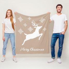 Vit hjortform på beige med snöflingor & text fleecefilt