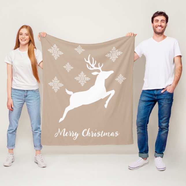 Vit hjortform på beige med snöflingor & text fleecefilt (På plats)