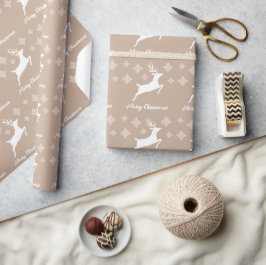 Vit hjortform på beige med snöflingor & text presentpapper