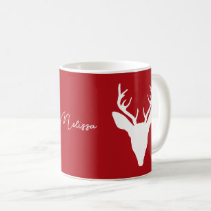 Vit hjorthuvudssilhuett på rött med anpassat namn kaffemugg