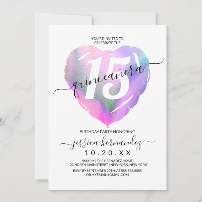 Vit holografisk foil Heart Balloon Quinceañera Inbjudningar (Framsida)