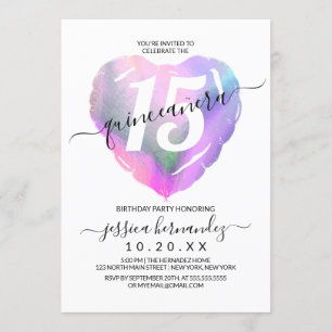 Vit holografisk foil Heart Balloon Quinceañera Inbjudningar