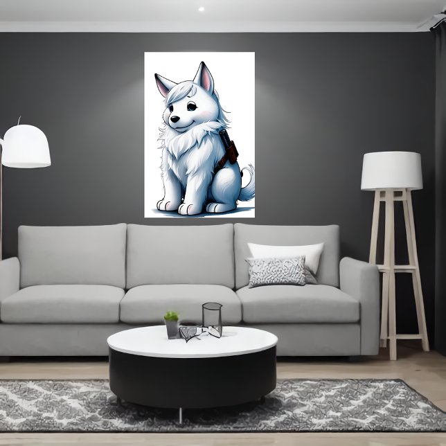 Vit Hund med Gun| AI Art Poster (Skapare uppladdad)