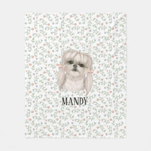 Vit Hund med Söt Rosa Blommigt Cute Design Fleecefilt